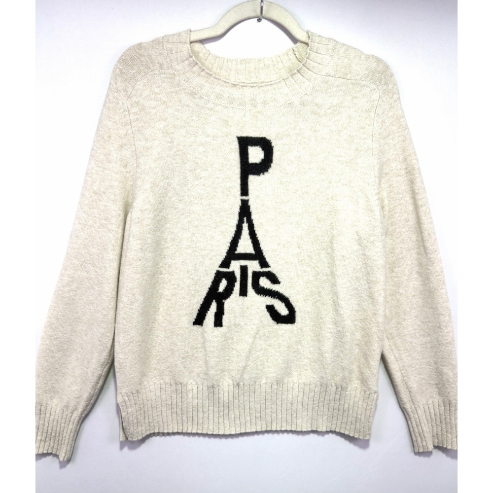 LOFT Paris Eiffel Tower Sweater Women M Oatmeal Graphic Pullover French Classic